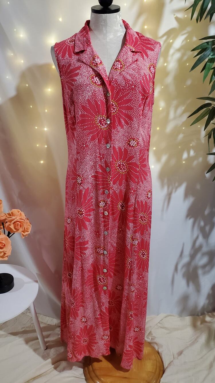 Vtg 90s Y2K JBS Ltd Shell Button Floral Smocked Maxi Dress Size 14 Pink Fairy